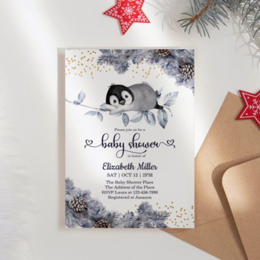 Carte Baby shower d'hiver de Pingouin endormi