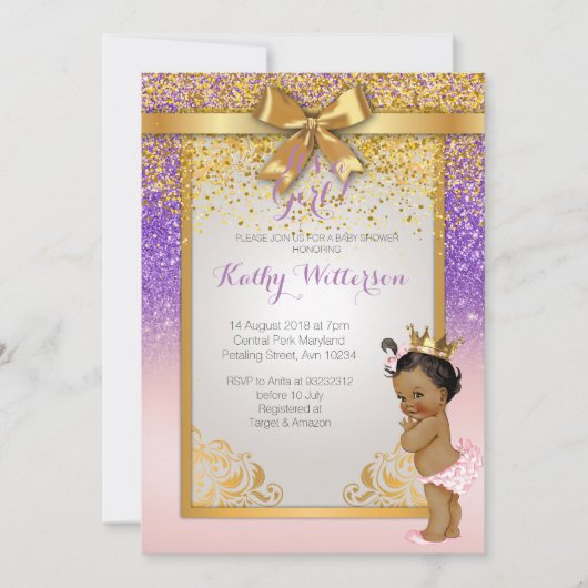 Carte Baby shower d'or rose violet d'Afrique-Améri (Devant)