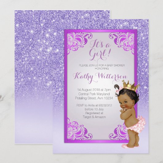 Carte Baby shower d'or violet afro-américain (Devant / Derrière)