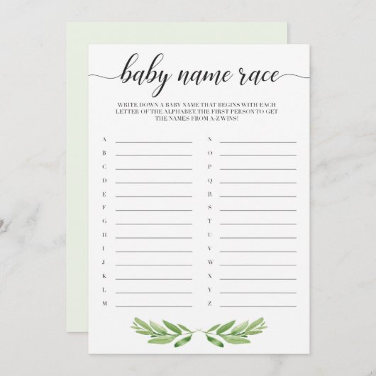 Carte Baby shower Feuille vert Nom de bébé Race Jeu (Devant / Derrière)