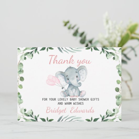 Carte Baby shower Filles Elephant Foliage Merci (Debout devant)