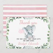 Carte Baby shower Filles Elephant Foliage Merci (Devant / Derrière)
