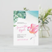 Carte Baby shower Flamant rose Feuille tropical (Debout devant)