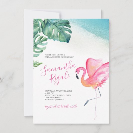 Carte Baby shower Flamant rose Feuille tropical (Devant)