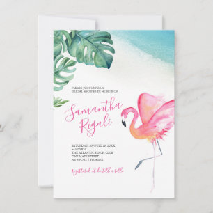 Carte Baby shower Flamant rose Feuille tropical