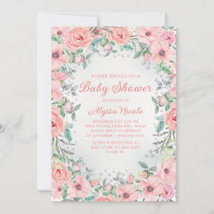 Carte Baby Shower Fleurs de Rosier Aquarelle Rose
