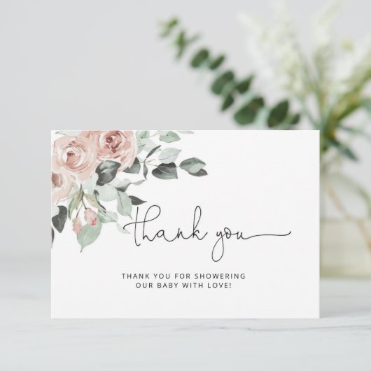 Carte Baby shower floral Dusty rose merci (Debout devant)