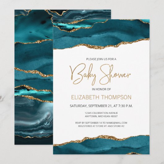Carte Baby shower Géode d'âge Turquoise Blue Gold (Devant / Derrière)