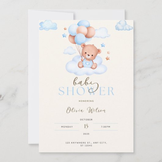 Carte Baby shower Invitation, Bébé garçon ours invitatio (Devant)