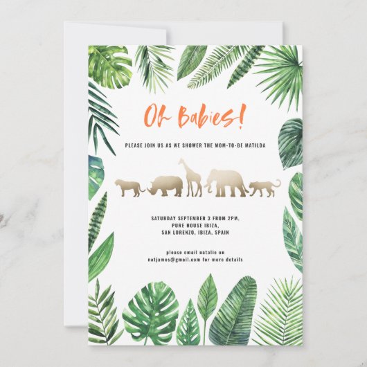 Carte Baby shower jumeau feuillage tropical et animaux d (Devant)