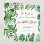 Carte Baby shower jumeau feuillage tropical et animaux d (Devant / Derrière)