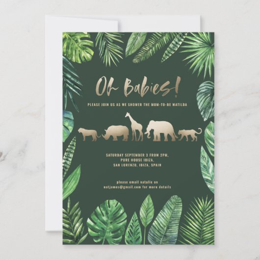 Carte Baby shower jumeau feuillage tropical et animaux d (Devant)