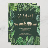 Carte Baby shower jumeau feuillage tropical et animaux d (Devant / Derrière)