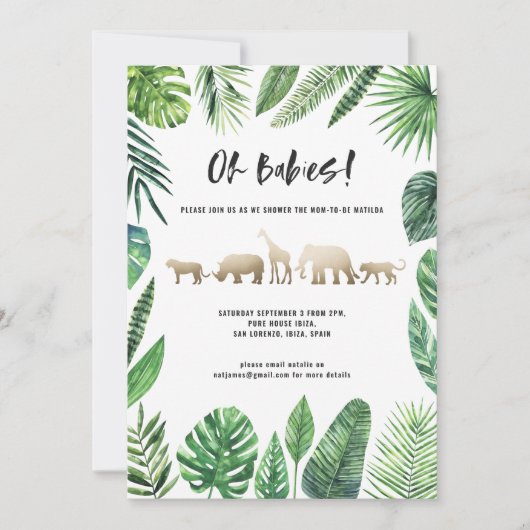 Carte Baby shower jumeau feuillage tropical et animaux d (Devant)