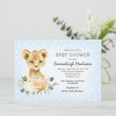 Carte Baby shower Lion Cub Floral Bleu (Debout devant)