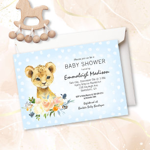 Carte Baby shower Lion Cub Floral Bleu