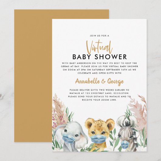Carte Baby shower mignon par mail animal covid masque (Devant / Derrière)