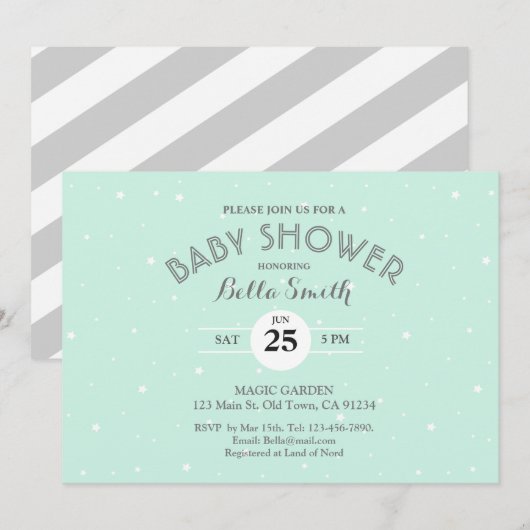 Carte Baby shower Mint Grey Stars White Stripes (Devant / Derrière)