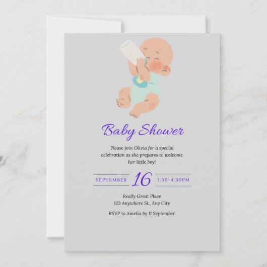 Carte Baby shower moderne gris avec bébé garçon (Devant)