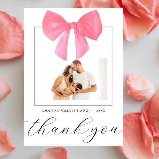 Carte Baby shower photo Bow rose aquarelle Merci