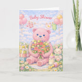 Carte Baby Shower – Pink Bear Floral Illustration (Devant)