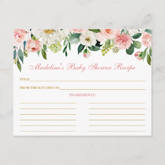 Carte baby shower Rose blanc Floral Gold Recette (Devant)