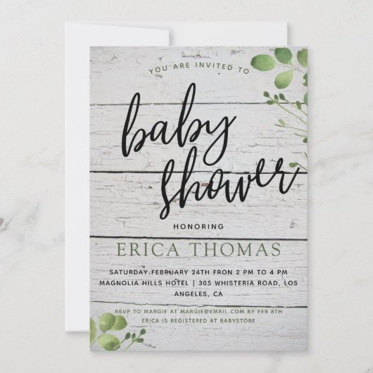 Carte Baby shower Rustic Wood Greenery Typographie Invit (Devant)