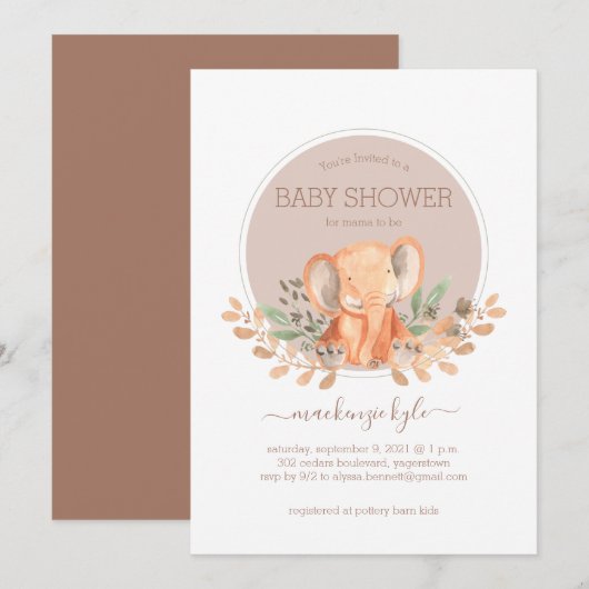 Carte Baby shower Safari Elephant Boho Watercolor (Devant / Derrière)