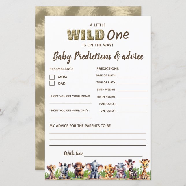 Carte Baby shower Safari Prédictions/Conseils (Devant / Derrière)