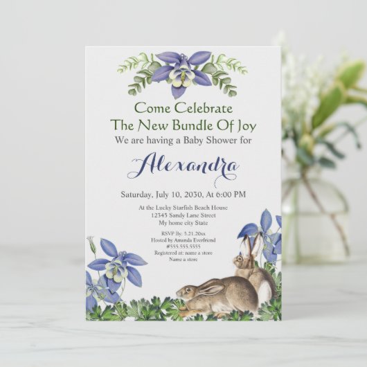 Carte Baby shower Stylish Blue Floral Rabbit Aquarelle (Debout devant)