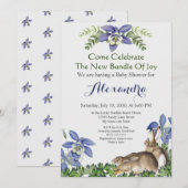 Carte Baby shower Stylish Blue Floral Rabbit Aquarelle (Devant / Derrière)