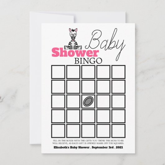 Carte Baby Zebra, Baby shower Bingo (Devant)