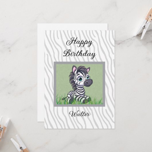 Carte Baby Zebra birthday card for child (Devant/Arrière en situation)
