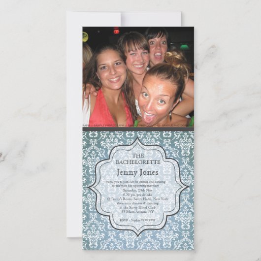 Carte Bachelorette Party Blue Grunge Damask Photo Invita (Devant)