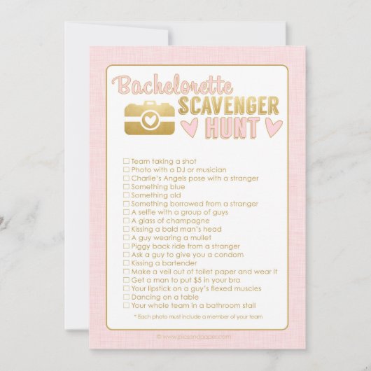 Carte Bachelorette Party Photo Scavenger Chasse Jeu rose (Devant)