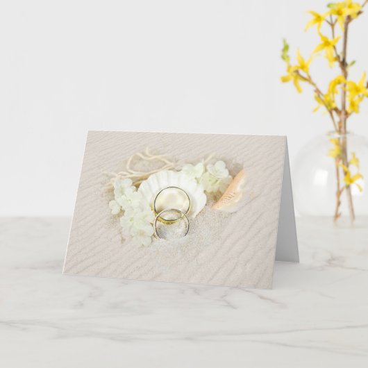 Carte Bagues mariages en coquillage et sable (Fleur jaune)