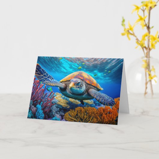 Carte Baignade Tortue de mer Joyeux anniversaire (Fleur jaune)
