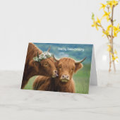 Carte Baiser de vache Highland d'anniversaire (Fleur jaune)