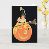 Carte Balai de citrouille de Jack-o'-lantern de sorcière (Fleur jaune)