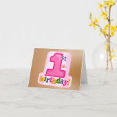 Carte Balise rose 1er anniversaire sur la porte (Fleur jaune)