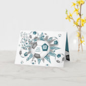 Carte ballon de football exploser filles gris turquoise (Fleur jaune)