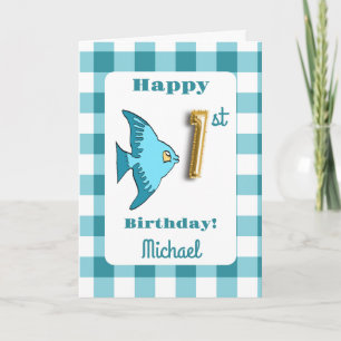 Carte Ballon en feuille d'or en vichy sarcelle Poisson 1