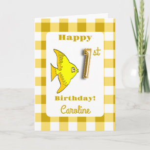 Carte Ballon en feuille d'or Gingham jaune Poisson 1er A
