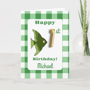 Carte Ballon en forme de poisson vert à carreaux avec fe