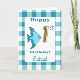 Carte Ballon Gingham Poisson et Sarcelle Numéro 1er Anni