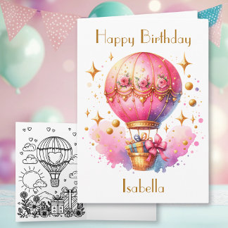 Carte Ballons à air chaud rose et or joli Anniversaire