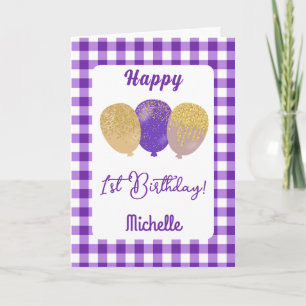 Carte Ballons à paillettes et à carreaux violets pour 1e