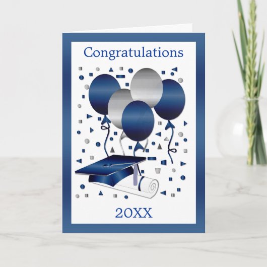 Carte Ballons bleu argent, mortier et diplôme Graduatio (Devant)