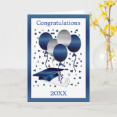 Carte Ballons bleu argent, mortier et diplôme Graduatio (Fleur jaune)