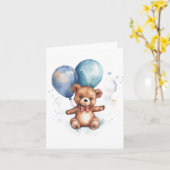 Carte Ballons bleus aquarelle Ours en peluche marron (Fleur jaune)